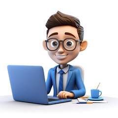 3D illustration of a businessman with a laptop and a cup of coffee