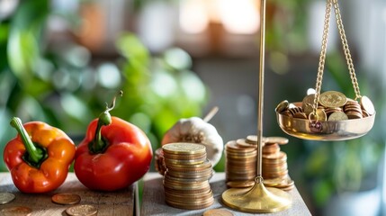 Fototapeta premium Brass balance scale with vegetables and coins, representing the balance between health, wealth, and value, concept of nutrition and economic choices