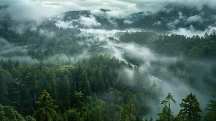 Obraz premium Misty Forest River - A breathtaking aerial view of a river winding through a lush, misty forest, showcasing the serene beauty of nature.