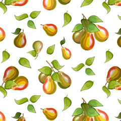 Branches with pears in a color pattern.Ripe pears on a white background in a color vector pattern.