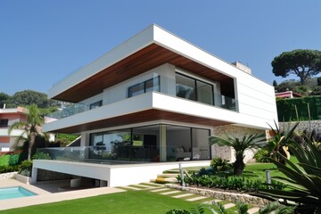 Contemporary home with white walls, wood paneling, and expansive windows overlooking lake