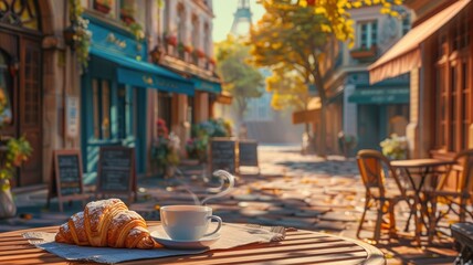 A Parisian Morning Coffee Break - A cup of steaming coffee sits on a table in a Parisian cafe, with a fresh croissant, inviting the viewer to imagine a leisurely morning break in the City of Lights.