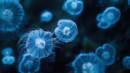 Glowing Blue Jellyfish Swimming in Dark Water Aquarium Background Texture Close Up Macro Details Underwater Wildlife Photography Wallpaper
