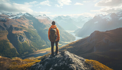 Person standing on a mountaintop with a breathtaking view of a valley and mountains under a clear sky creating a sense of adventure and freedom