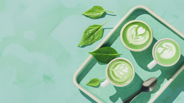 Coconut Matcha Lattes on a Ceramic Tray Close Up