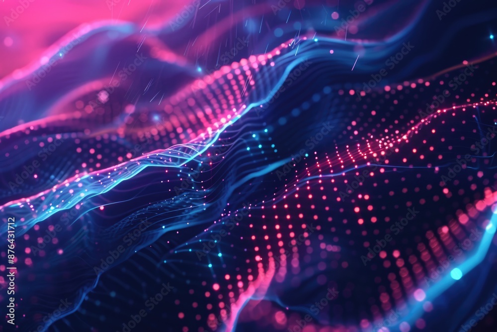 Poster A close-up view of a computer screen lit by neon lights, suitable for use in illustrations or designs related to technology, futurism, and digital culture