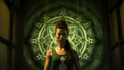 Fototapeta premium woman, yoga, meditation, green background.