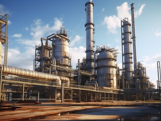 A vast oil refinery with intricate pipelines and towering chimneys under a clear blue sky.