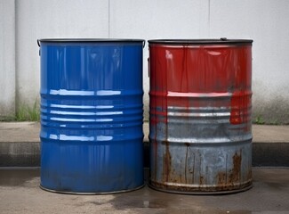 Two metal barrels sit side by side on a sidewalk.