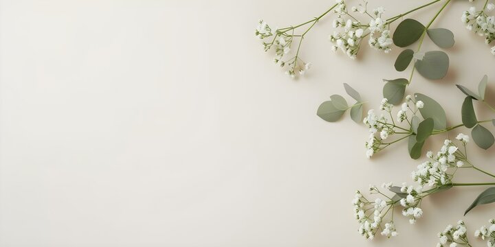 Wedding invitation mockup with eucalyptus and gypsophila on beige background. Concept Wedding Invites, Eucalyptus, Gypsophila, Beige Background, Mockup