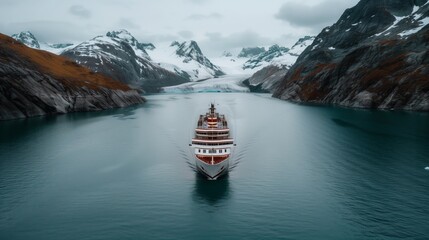 Cruise ship sails through a narrow channel surrounded by snow-capped mountains