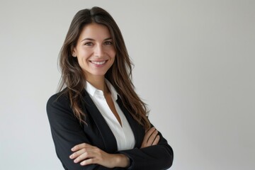 A woman stands with her arms crossed, conveying a sense of determination or confidence