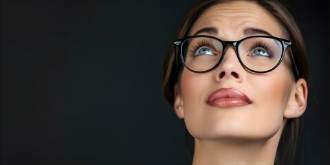 Fototapeta premium Woman in glasses studies human face deep in thought and selfdiscovery. Concept Personal Development, Self-Discovery, Glasses, Human Face, Study