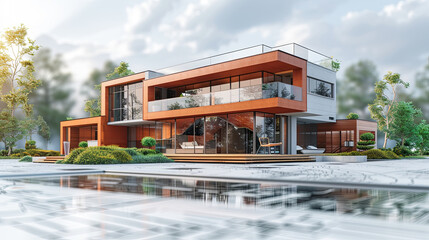 Obraz premium Modern Luxury Home Exterior with Balcony and Pool Reflection at Sunset Architectural Design and Real Estate Stock Photo