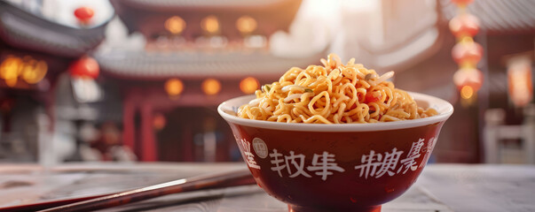 Fototapeta premium A bowl of instant noodles followed by Chinese architecture background