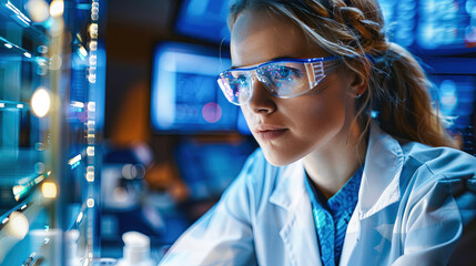 Female Scientist in Safety Glasses Working with Server Racks in Data Center Cloud Computing Farm with Data on a Screen, Doing Research, Programming, Data Analysis. Information Technology Specialist