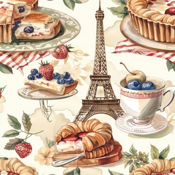 French Pastry Delight Watercolor Pattern - A watercolor pattern featuring delicious pastries and the iconic Eiffel Tower. Perfect for adding a touch of French charm to any project.