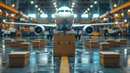Obraz premium Airplane and Cargo Boxes in Hangar - An airplane stands inside a hangar, with multiple cargo boxes in the foreground.