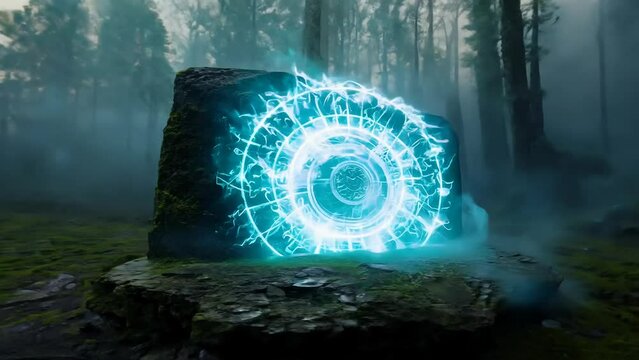 Mysterious glowing rune stone in misty forest