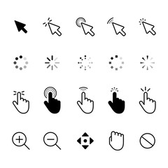 Mouse click cursor set. Hand Cursor. Click icon. Mouse pointer set. Arrow cursor. Vector illustration