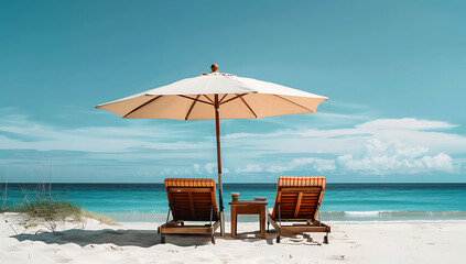 Paradise, A beach scene with two wooden sun loungers under an umbrella, overlooking the turquoise ocean on one side and sand dunes in front
