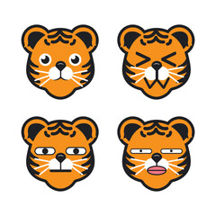 Vector set of cute Tiger emoji faces with various expressions. Isolated on white background