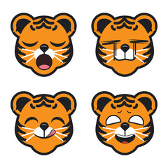 Vector set of cute Tiger emoji faces with various expressions. Isolated on white background