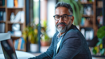 Obraz premium Confident Mature Businessman With Grey Hair and Glasses Working on Laptop in Modern Office Portrait of Successful Senior Executive Leader CEO Manager Entrepreneur Small Business Owner Startup