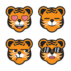 Vector set of cute Tiger emoji faces with various expressions. Isolated on white background