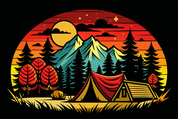 Camping exclusive T-shirt design with solid black background. Color will be yellow, red and orange vector illustration