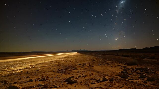 The gentle curves of light stretch across the barren desert landscape mimicking the constellations above in a beautiful display.