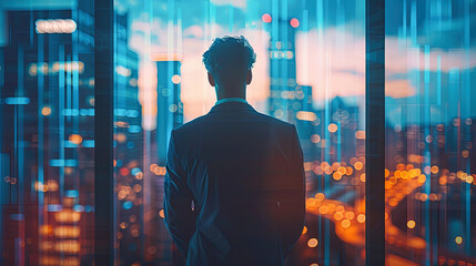 Fototapeta premium Businessman looking out window at night at illuminated cityscape, city life, urban landscape, business success concept