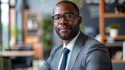 Fototapeta premium Confident Black Businessman in Suit and Glasses Portrait in Office Setting