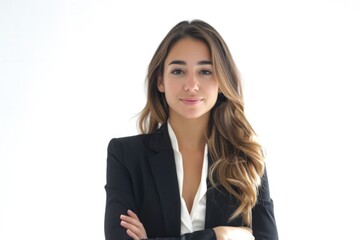 A professional woman standing with her arms crossed, wearing a business suit
