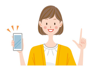 スマートフォンを持つ女性　支払い 　お得　説明　指差し