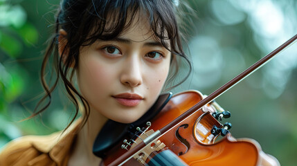 Fototapeta premium Beautiful Young Japanese Woman Playing Violin Outdoors in Nature with Bokeh Background