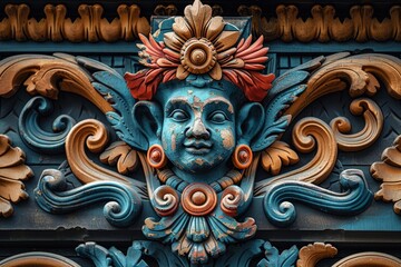 Fototapeta premium Traditional decorative sculpture on a colorful wall