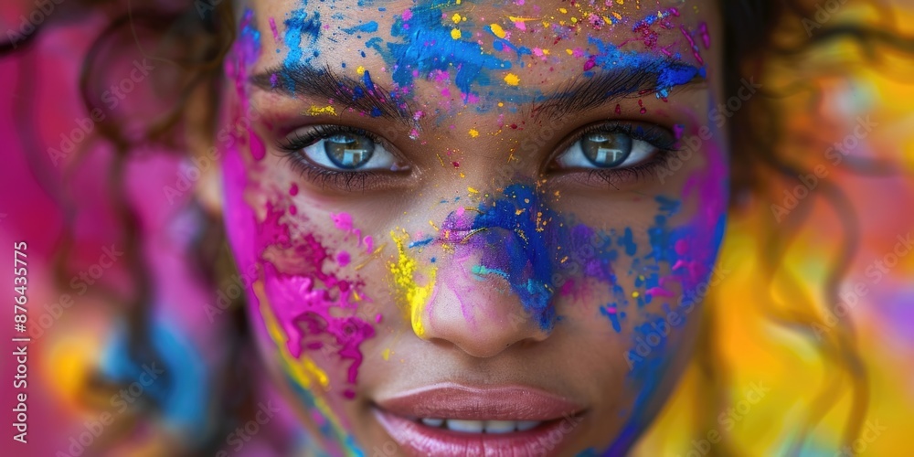 Poster close-up of a person with colorful paint on their face, ideal for artistic or creative concepts