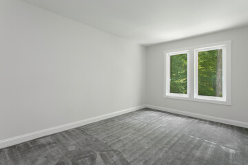 Clean Empty Room With Gray Carpet And Large Windows Looking Out Into Greenery
