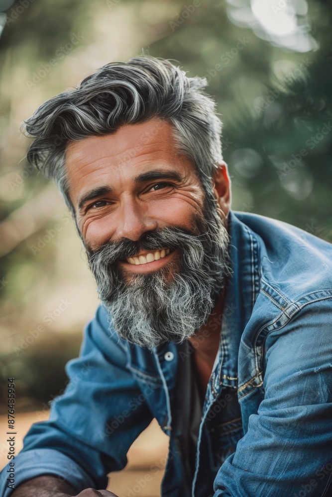 Poster portrait of a man with a beard and wearing a denim shirt, suitable for use in editorial or lifestyle