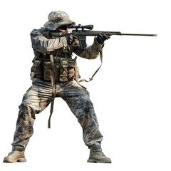 Fototapeta premium Standing_Military_sniper_in_camouflage_uniform_aiming_a_rifle_generative_ai_image