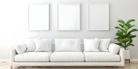 Fototapeta premium Empty picture frames in modern living room with white sofa and plants. Concept Home decor, Modern design, Interior styling, Picture frames, White sofa