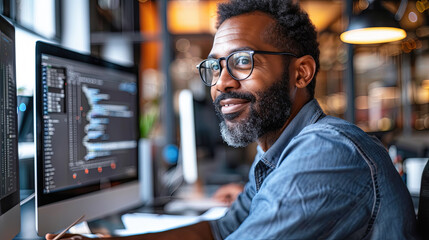 Obraz premium Happy African American Male Programmer Working on Computer in Modern Office, Code on Screen, Startup Company Atmosphere, Big City View from the Window