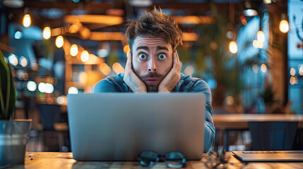 Shocked Freelancer Working Late at Cafe on Laptop Surprised Man with Wide Eyes Sees Shocking News on Computer Screen in Trendy Workspace with Bokeh Lights, Remote Work Concept