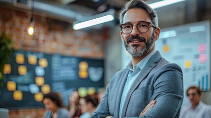 Obraz premium Portrait of a Confident Business Leader with Arms Crossed in Busy Modern Office with Diverse Team Working in Background