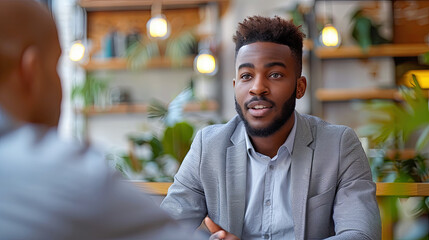 Fototapeta premium Surprised Handsome Black Businessman Discussing Business with Colleague in a Cafe During Business Meeting