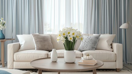 Naklejka premium sofas and coffee table with bouquet of flowers generative ai