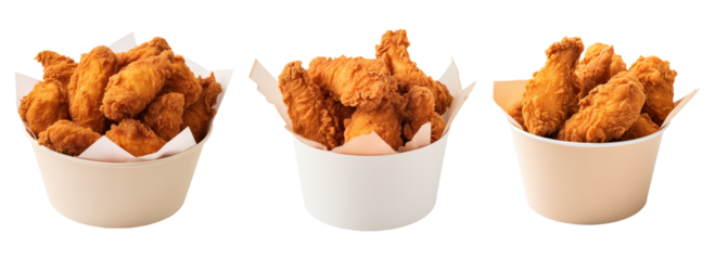 Crispy fried chicken legs on paper bucket isolated on transparent background cutout, PNG file for graphic resources