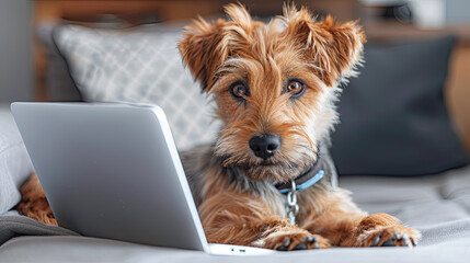 Cute Dog Working on Laptop at Home Office, Yorkshire Terrier Puppy Using Computer, Funny Doggy Browsing Internet, Pet and Technology Concept