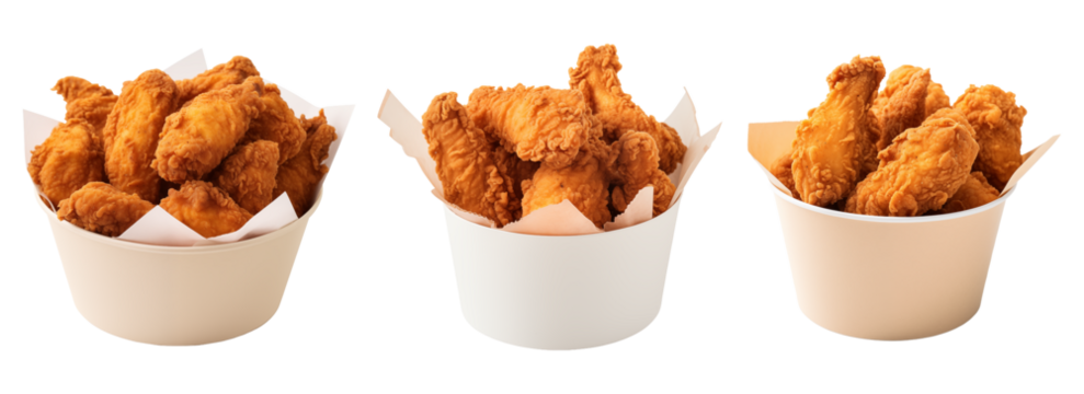 Crispy fried chicken legs on paper bucket isolated on transparent background cutout, PNG file for graphic resources
